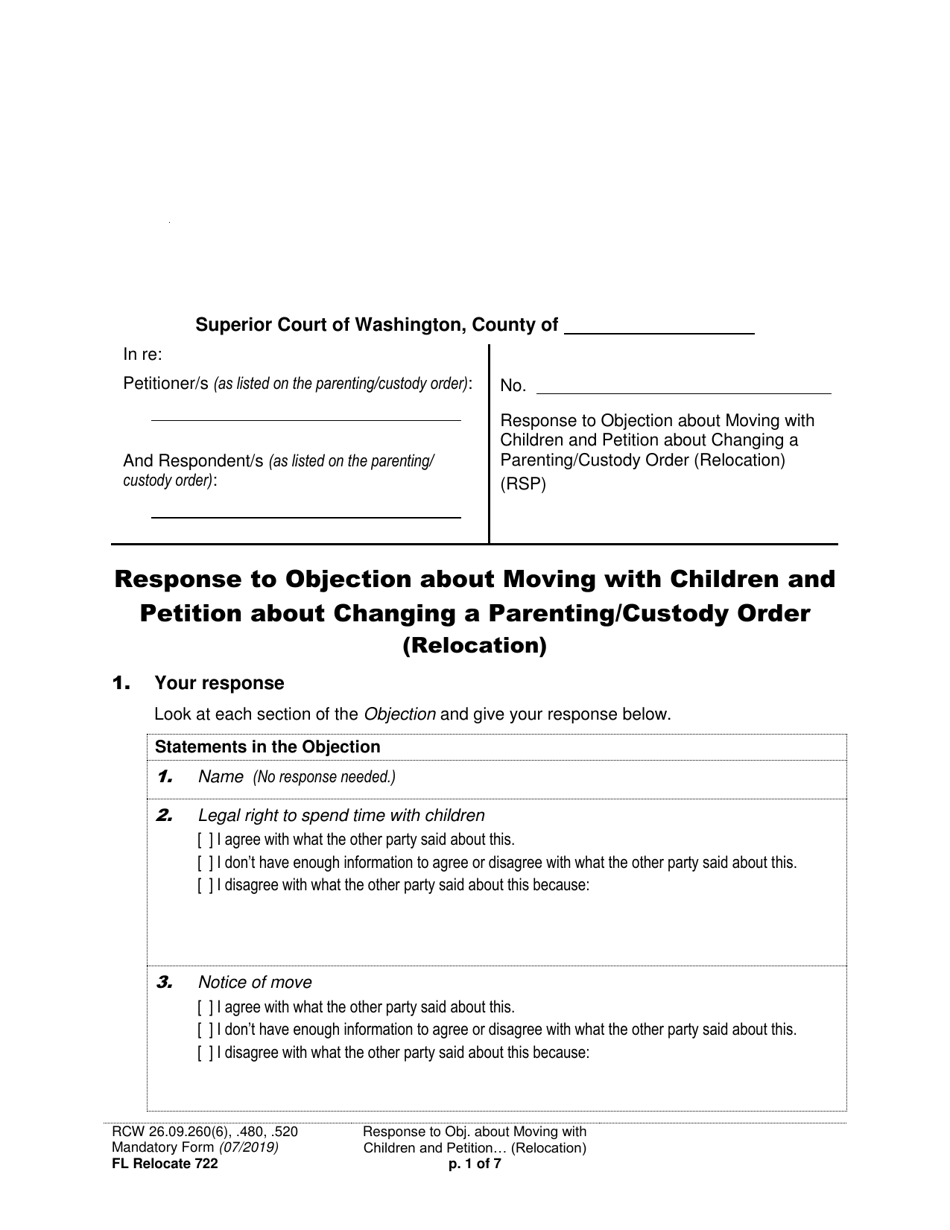 Form FL Relocate722 Response to Objection About Moving With Children and Petition About Changing a Parenting / Custody Order (Relocation) - Washington, Page 1
