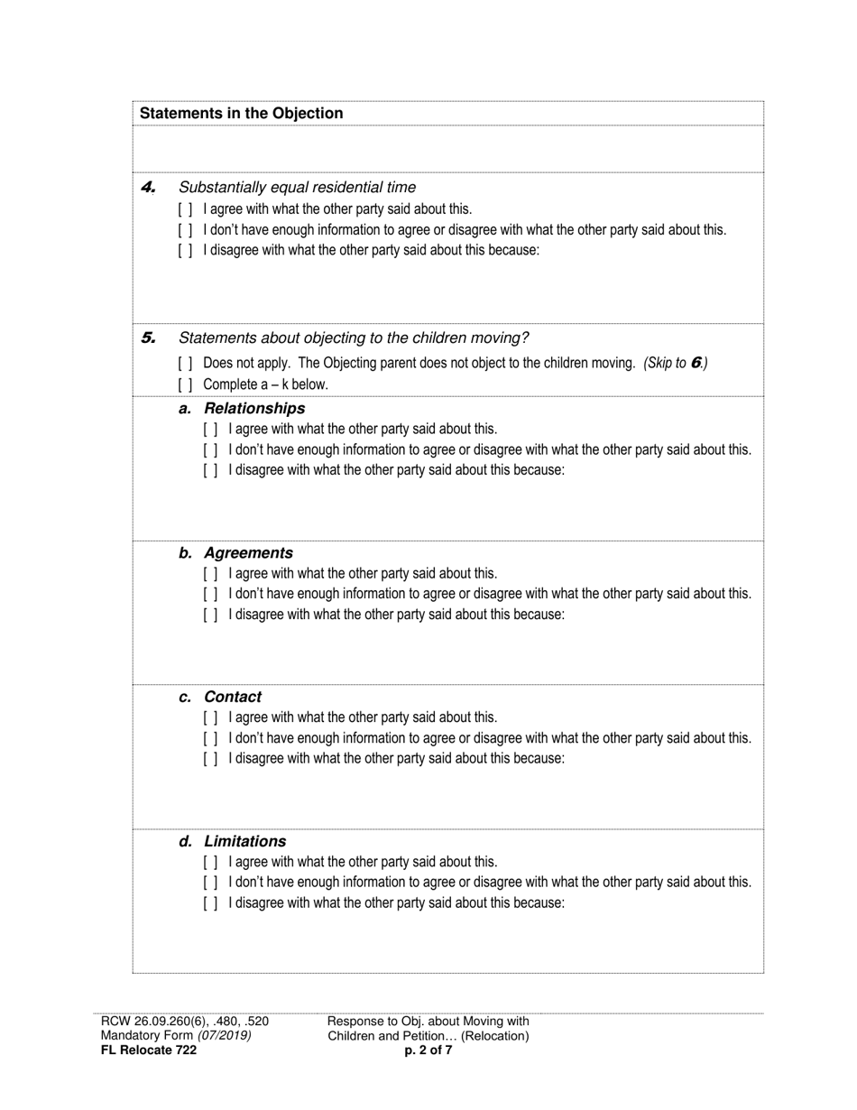 Form FL Relocate722 Response to Objection About Moving With Children and Petition About Changing a Parenting / Custody Order (Relocation) - Washington, Page 2