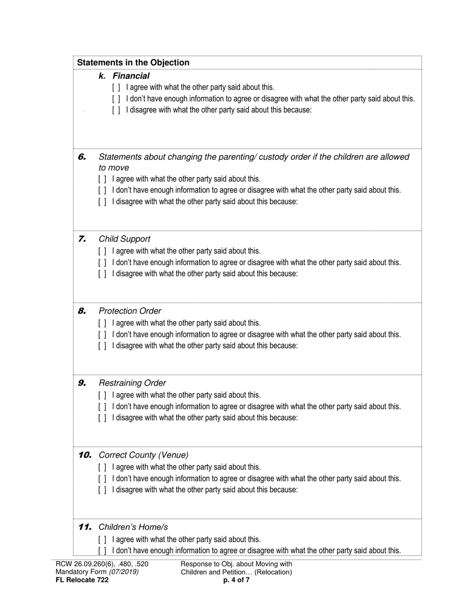 Form FL Relocate722 Response to Objection About Moving With Children and Petition About Changing a Parenting / Custody Order (Relocation) - Washington, Page 4