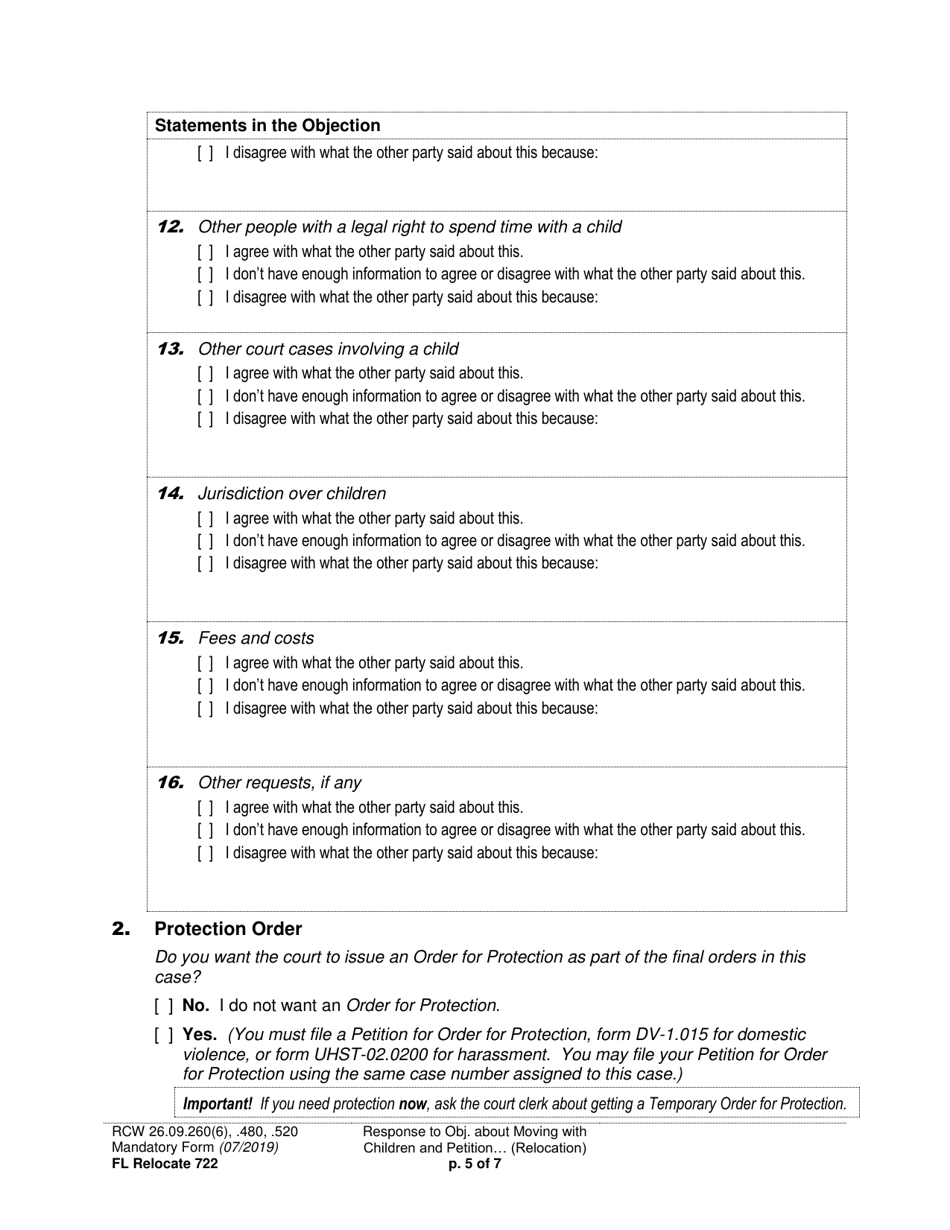 Form FL Relocate722 Response to Objection About Moving With Children and Petition About Changing a Parenting / Custody Order (Relocation) - Washington, Page 5