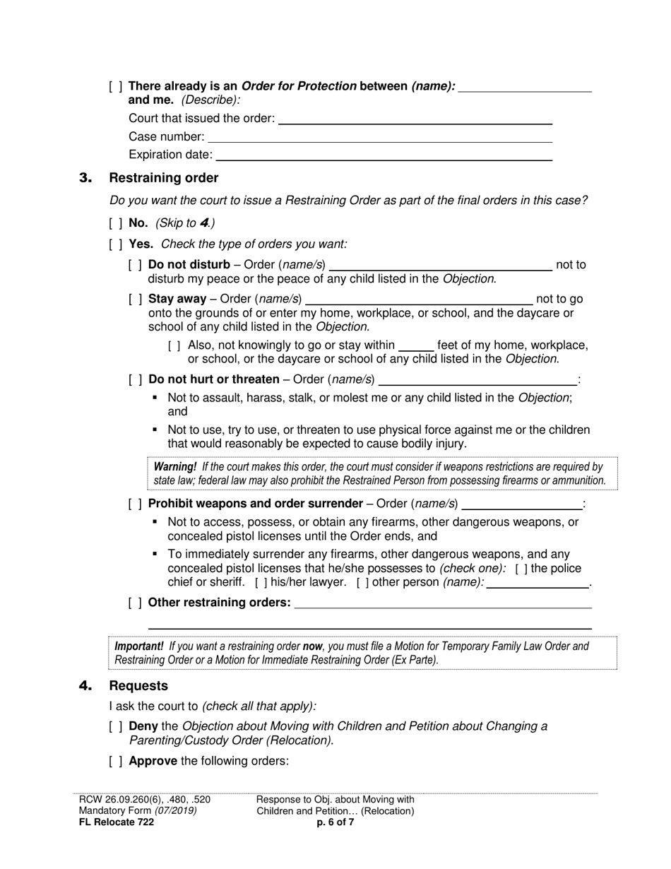 Form FL Relocate722 Response to Objection About Moving With Children and Petition About Changing a Parenting / Custody Order (Relocation) - Washington, Page 6