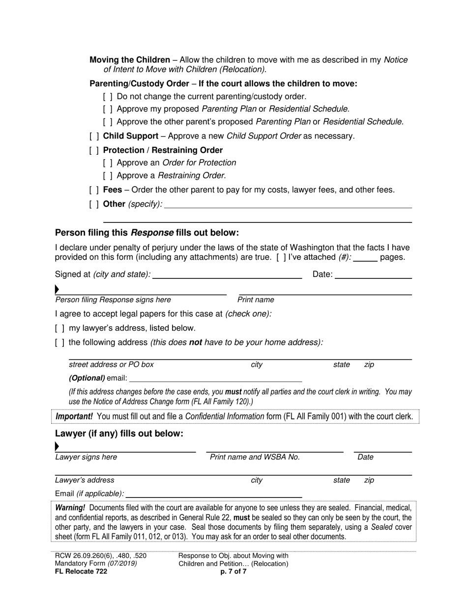 Form FL Relocate722 Response to Objection About Moving With Children and Petition About Changing a Parenting / Custody Order (Relocation) - Washington, Page 7