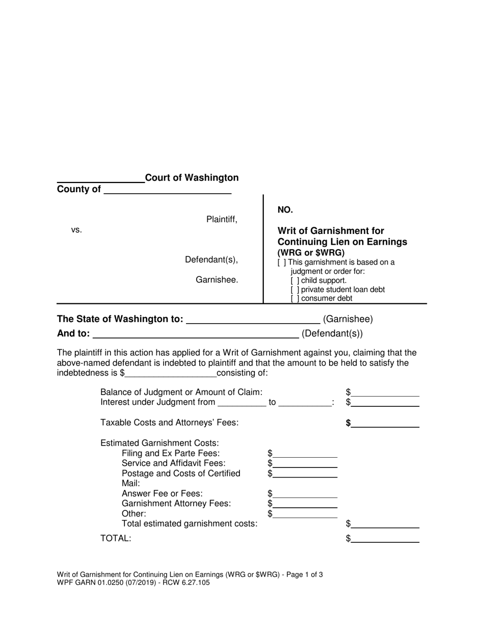 Form WPF GARN01.0250 Writ of Garnishment for Continuing Lien on Earnings (Wrg or $wrg) - Washington, Page 1