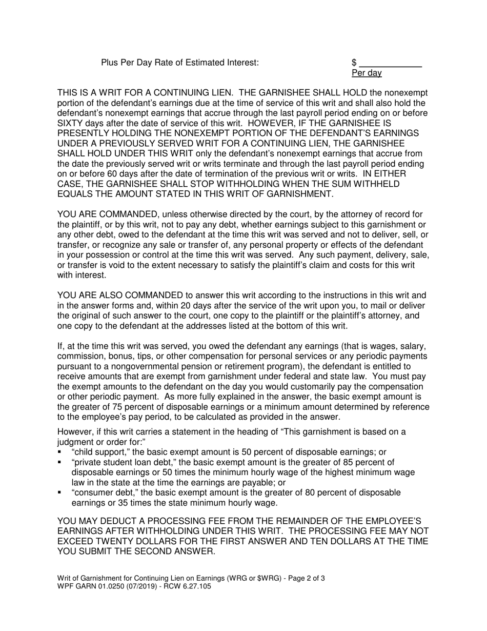Form WPF GARN01.0250 Writ of Garnishment for Continuing Lien on Earnings (Wrg or $wrg) - Washington, Page 2