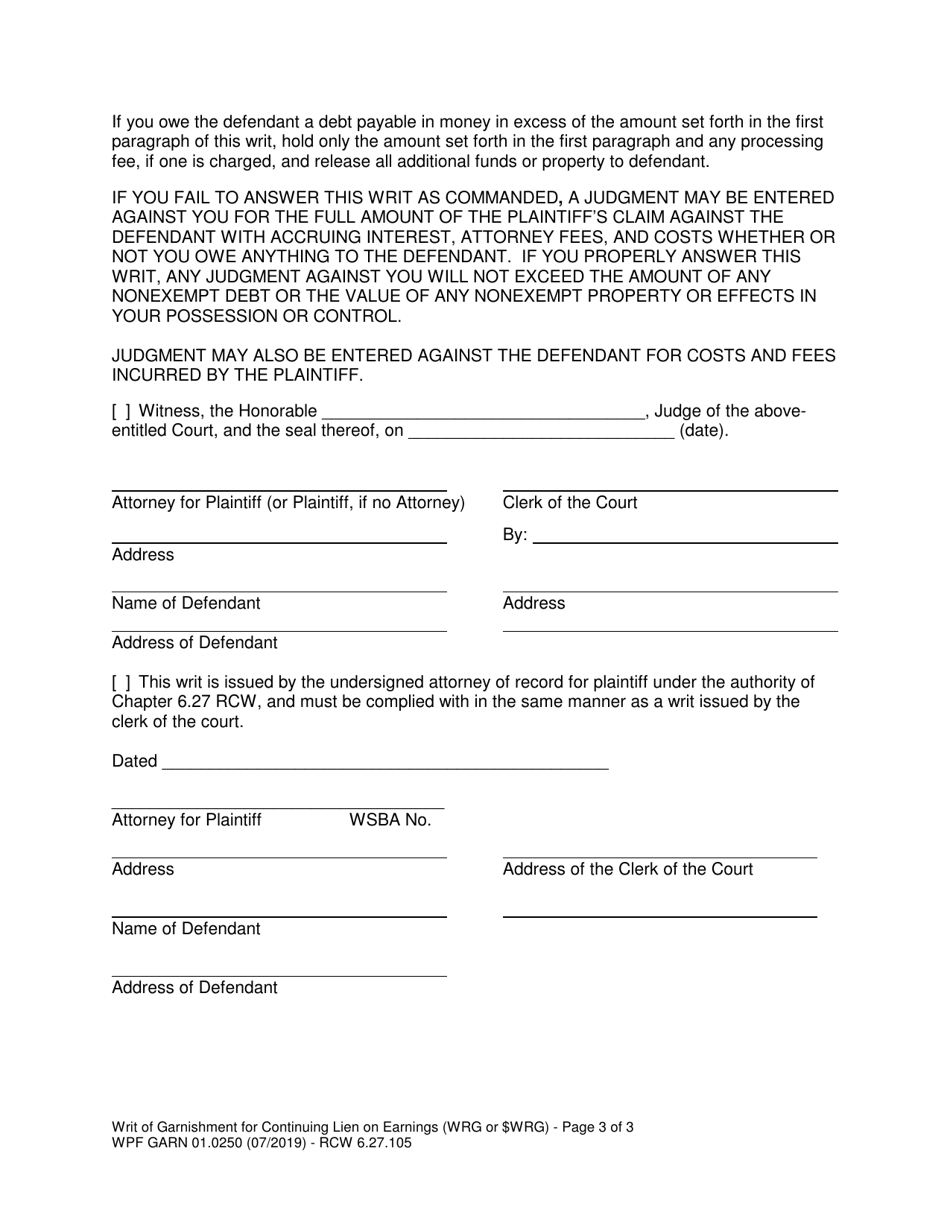 Form WPF GARN01.0250 Writ of Garnishment for Continuing Lien on Earnings (Wrg or $wrg) - Washington, Page 3