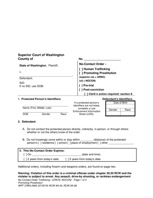Form WPF CR84.0460 No-Contact Order - Human Trafficking / Promoting Prostitution - Washington