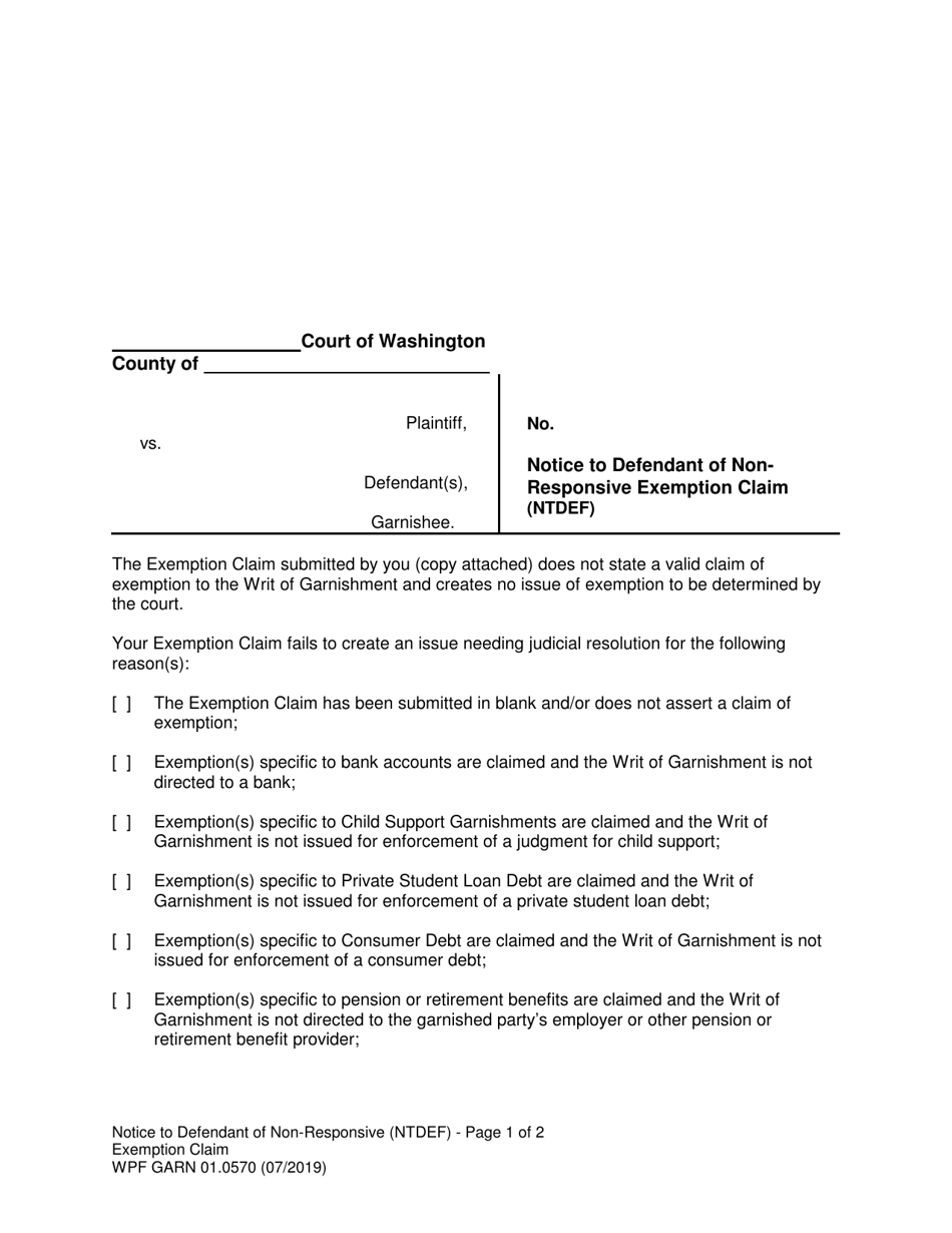 Form WPF GARN01.0570 Notice to Defendant of Nonresponsive Exemption Claim (Ntdef) - Washington, Page 1