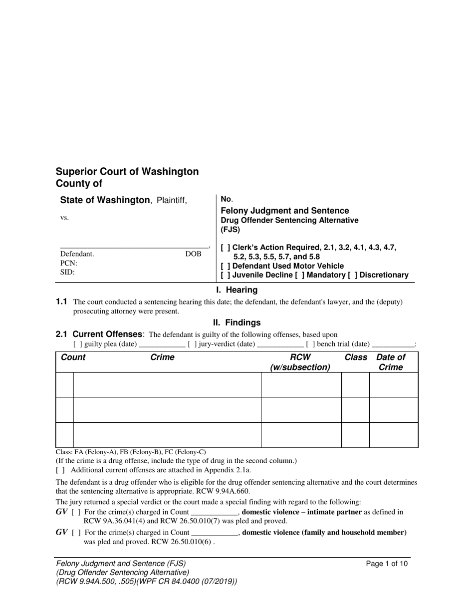 Form WPF CR84.0400 DOSA Felony Judgment and Sentence  Drug Offender Sentencing Alternative - Washington, Page 1