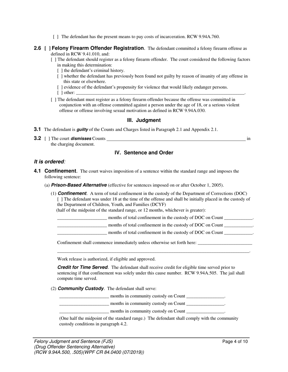 Form WPF CR84.0400 DOSA Felony Judgment and Sentence  Drug Offender Sentencing Alternative - Washington, Page 4