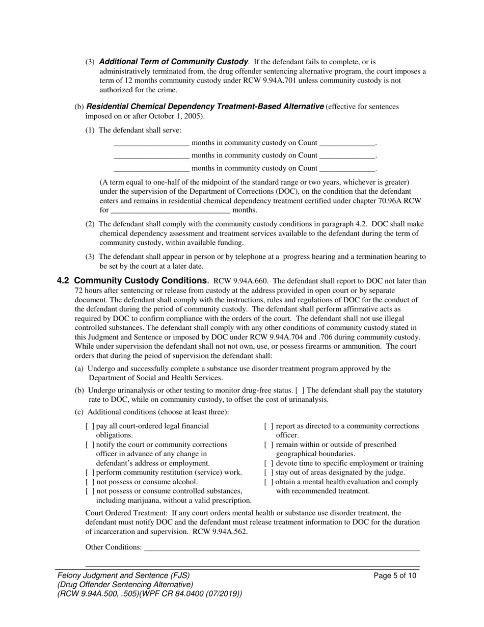 Form WPF CR84.0400 DOSA Felony Judgment and Sentence  Drug Offender Sentencing Alternative - Washington, Page 5