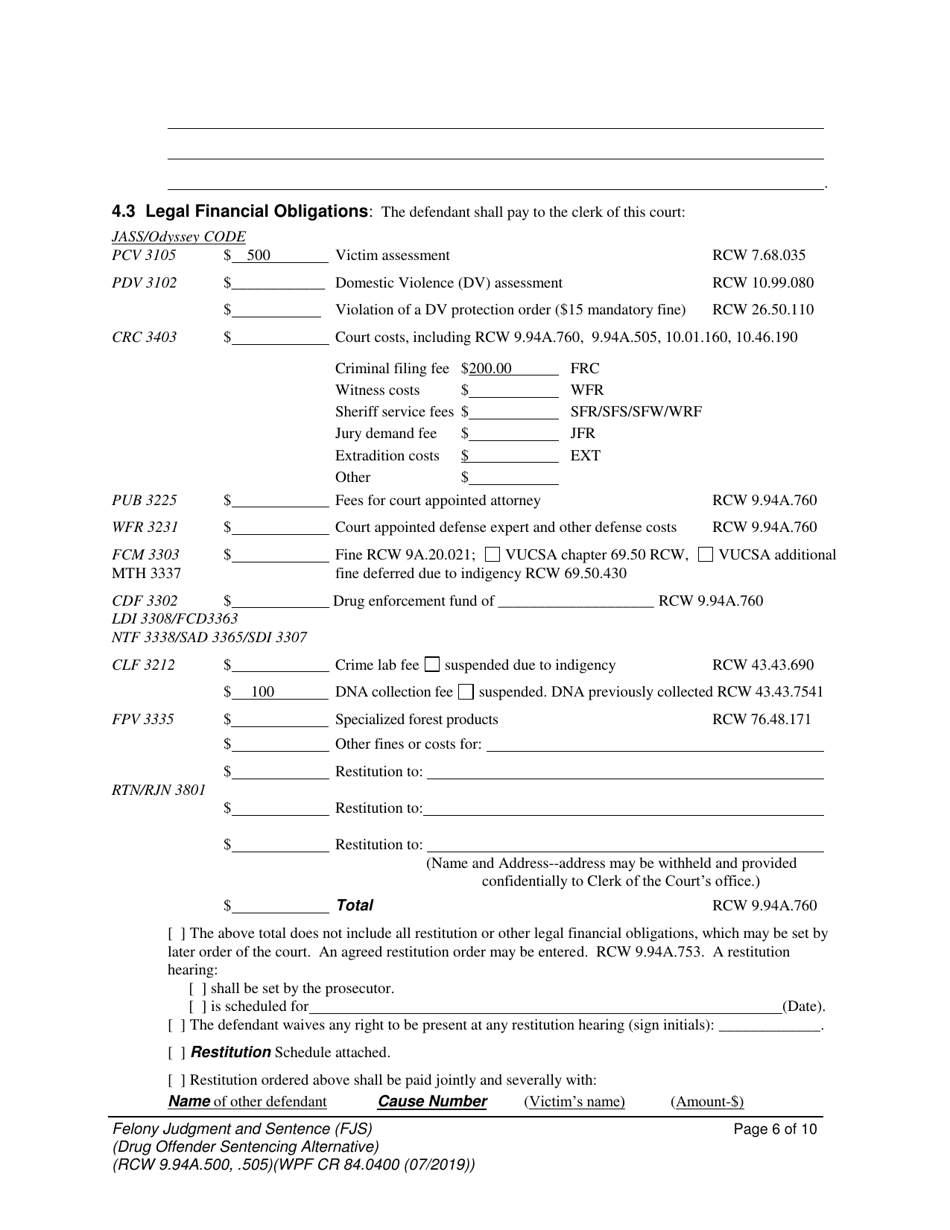 Form WPF CR84.0400 DOSA Felony Judgment and Sentence  Drug Offender Sentencing Alternative - Washington, Page 6