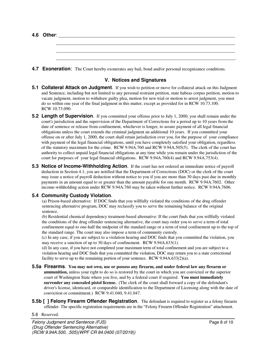 Form WPF CR84.0400 DOSA Felony Judgment and Sentence  Drug Offender Sentencing Alternative - Washington, Page 8