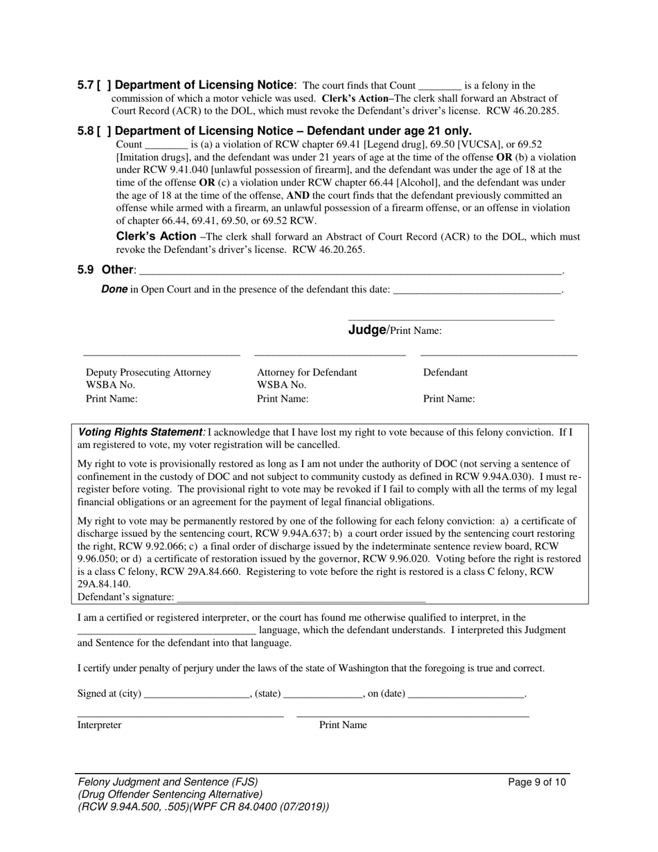 Form WPF CR84.0400 DOSA Felony Judgment and Sentence  Drug Offender Sentencing Alternative - Washington, Page 9
