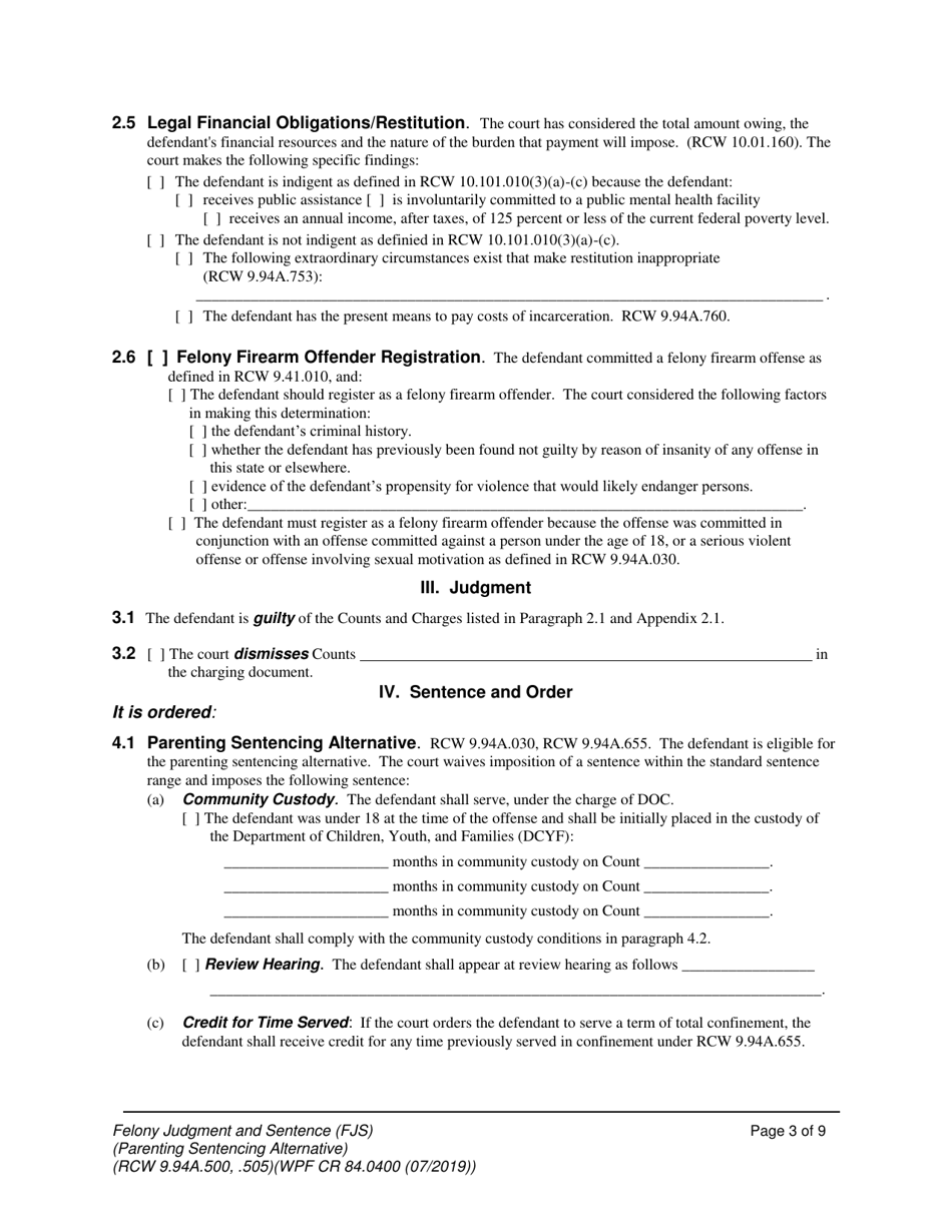 Form WPF CR84.0400 PSA Felony Judgment and Sentence - Parenting Sentencing Alternative (Fjs) - Washington, Page 3