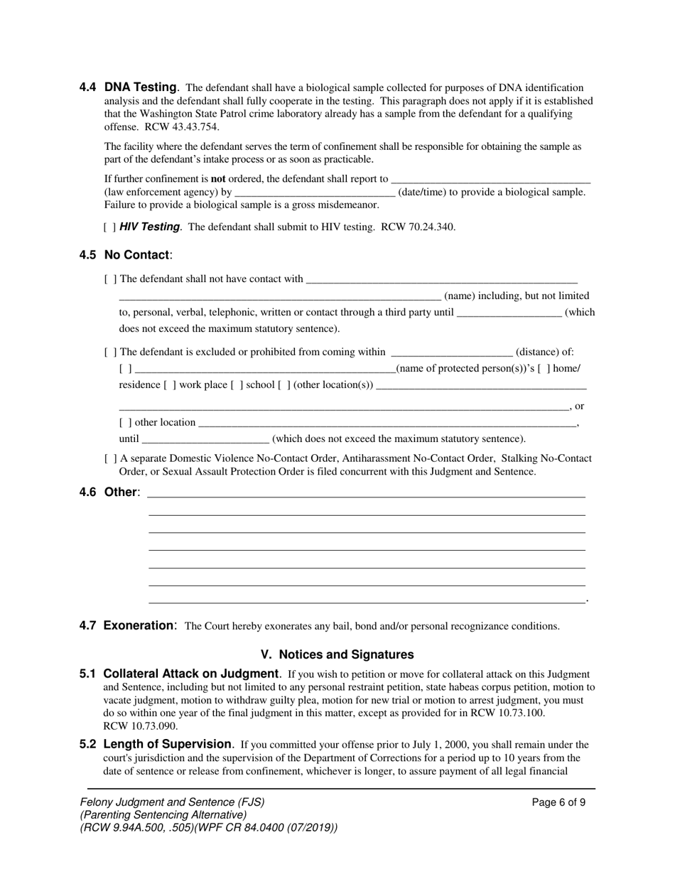 Form WPF CR84.0400 PSA Felony Judgment and Sentence - Parenting Sentencing Alternative (Fjs) - Washington, Page 6
