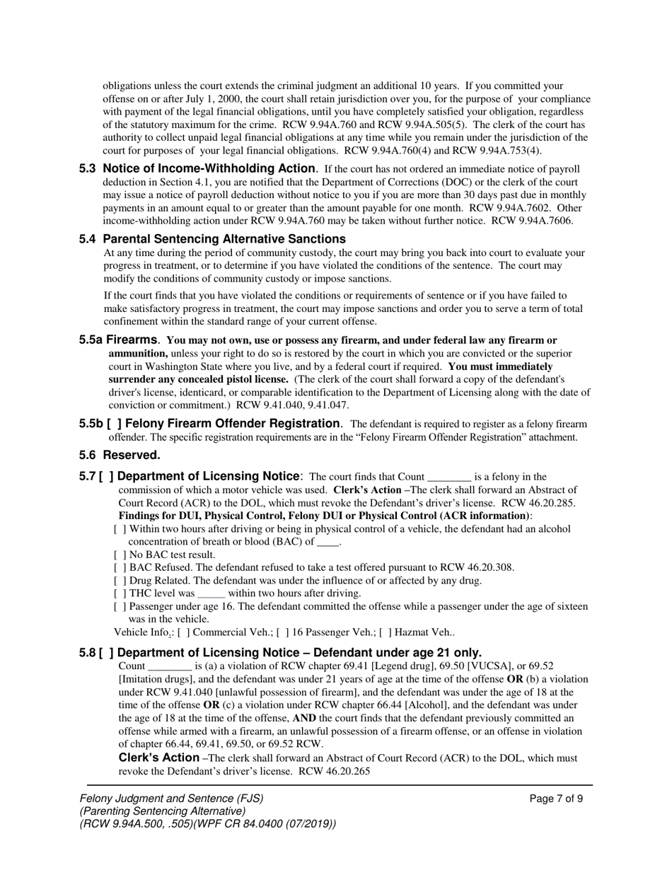 Form WPF CR84.0400 PSA Felony Judgment and Sentence - Parenting Sentencing Alternative (Fjs) - Washington, Page 7