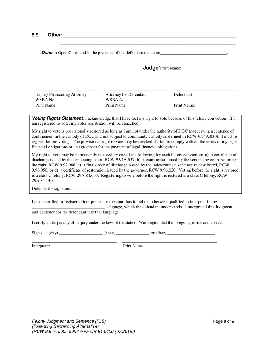 Form WPF CR84.0400 PSA Felony Judgment and Sentence - Parenting Sentencing Alternative (Fjs) - Washington, Page 8