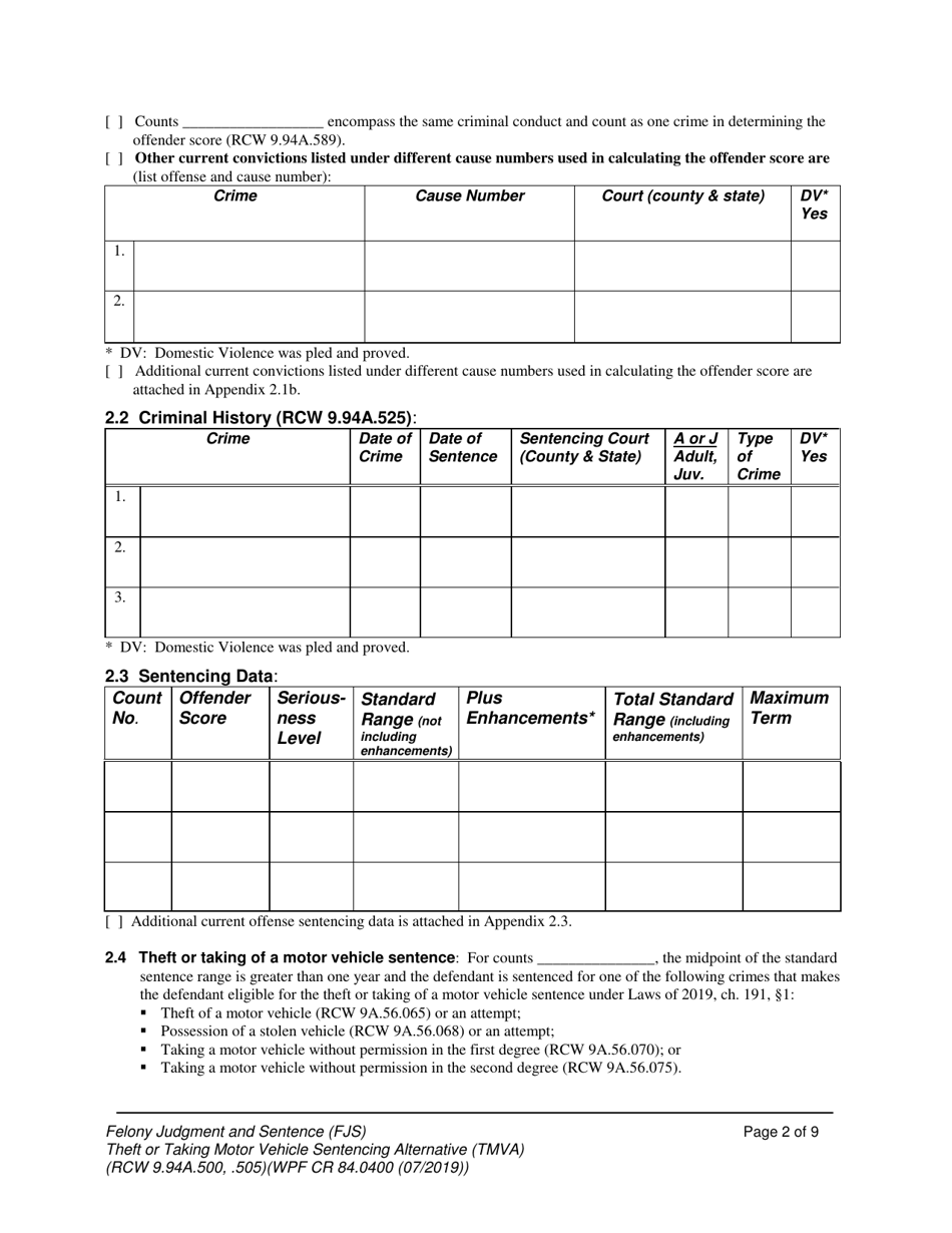 Form WPF CR84.0400 TMV Felony Judgment and Sentence - Theft or Taking of a Motor Vehicle - Washington, Page 2