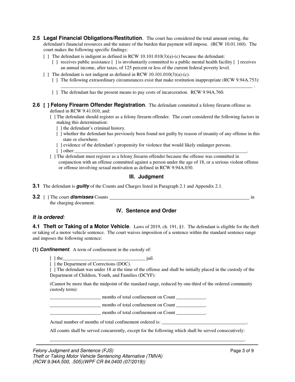 Form WPF CR84.0400 TMV Felony Judgment and Sentence - Theft or Taking of a Motor Vehicle - Washington, Page 3
