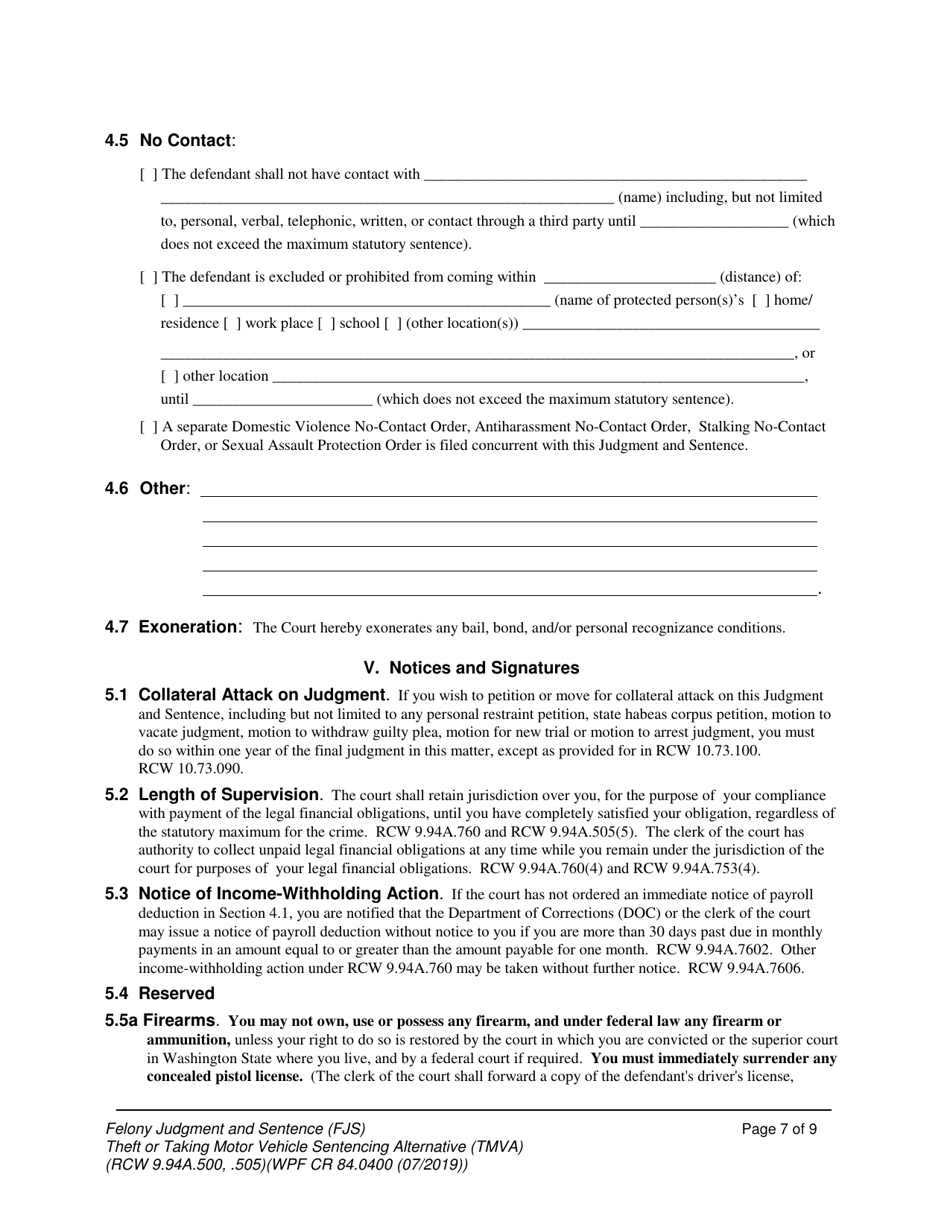 Form WPF CR84.0400 TMV Felony Judgment and Sentence - Theft or Taking of a Motor Vehicle - Washington, Page 7