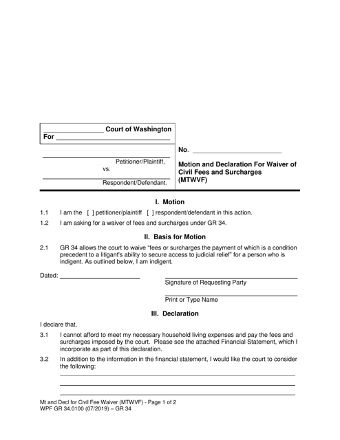 Form WPF GR34.0100 Motion and Declaration for Waiver of Civil Fees and Surcharges (Mtwvf) - Washington