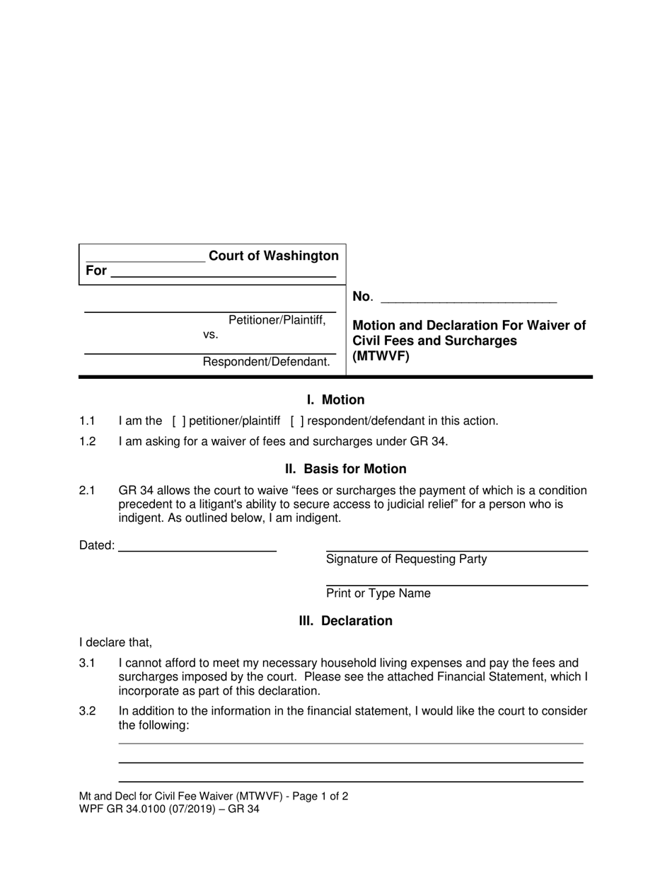 Form WPF GR34.0100 Motion and Declaration for Waiver of Civil Fees and Surcharges (Mtwvf) - Washington, Page 1