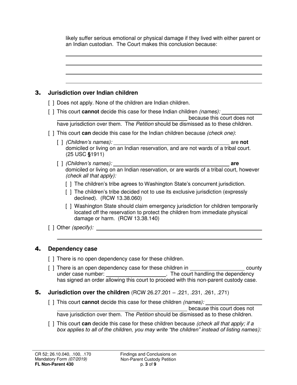 Form FL Non-Parent430 Findings and Conclusions on Non-parent Custody Petition - Washington, Page 3