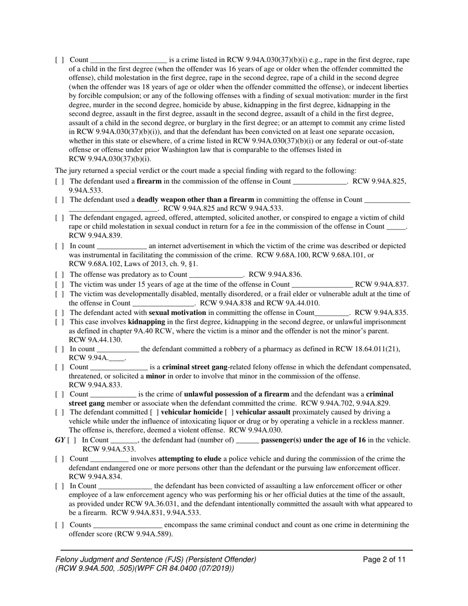 Form WPF CR84.0400 PO Felony Judgment and Sentence - Persistent Offender - Washington, Page 2