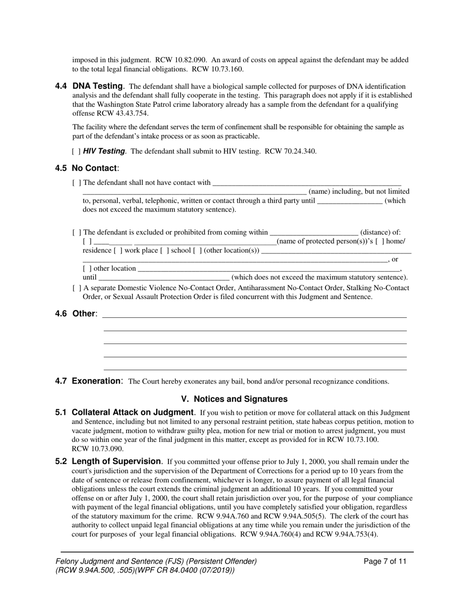 Form WPF CR84.0400 PO Felony Judgment and Sentence - Persistent Offender - Washington, Page 7