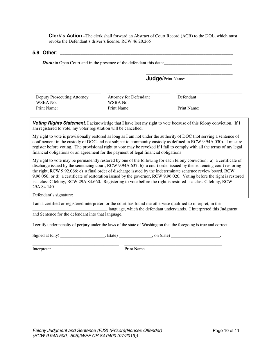 Form WPF CR84.0400 P Felony Judgment and Sentence - Prison - Washington, Page 10
