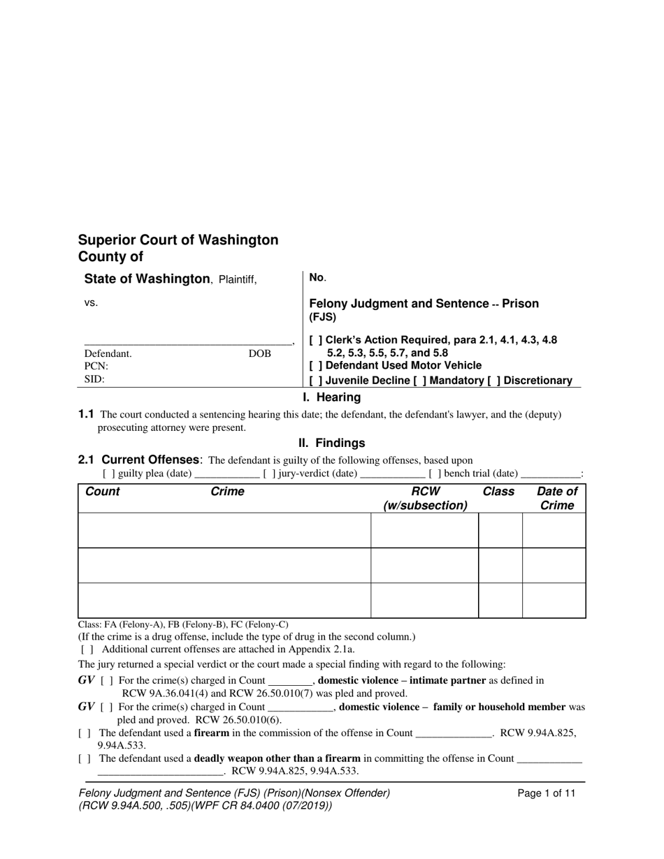 Form WPF CR84.0400 P Felony Judgment and Sentence - Prison - Washington, Page 1