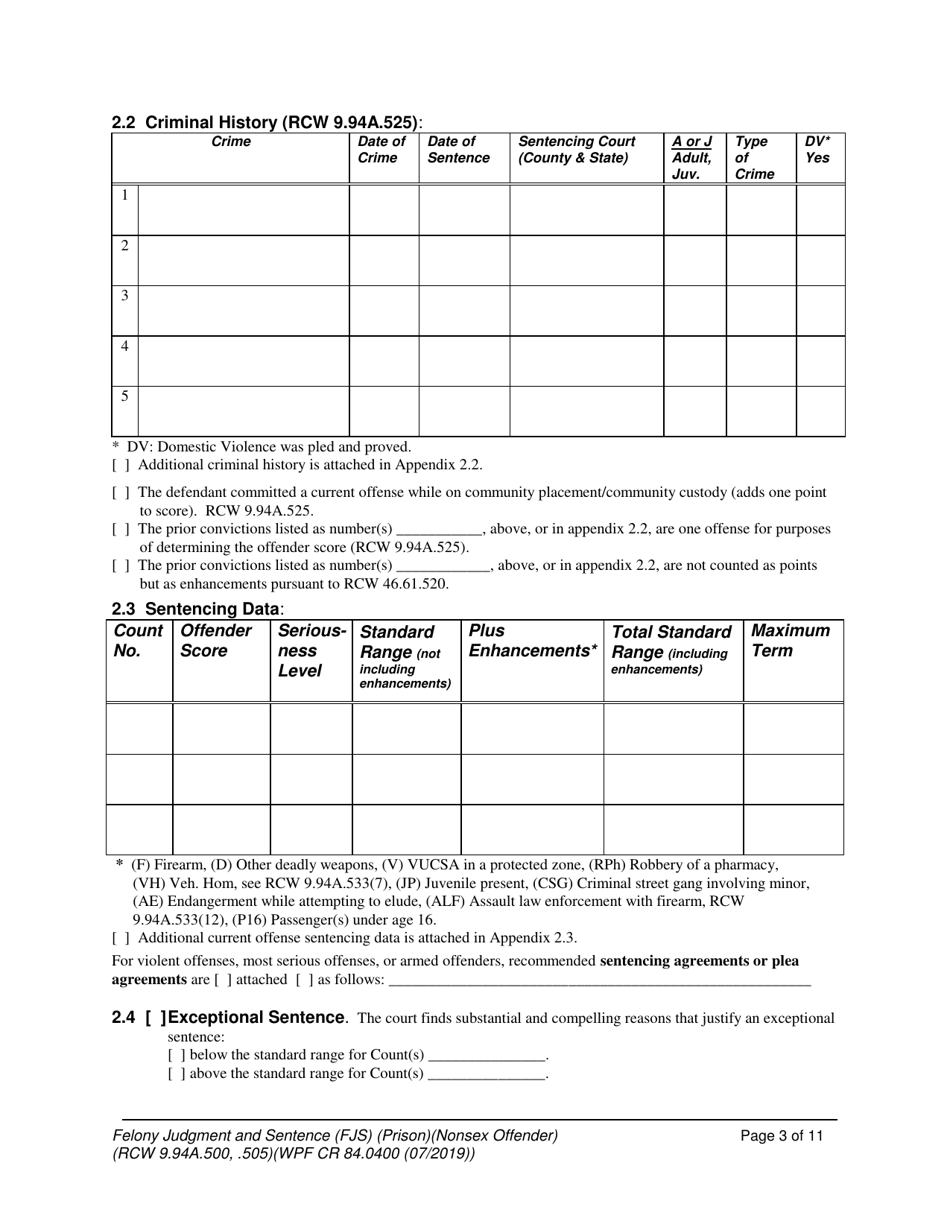 Form WPF CR84.0400 P Felony Judgment and Sentence - Prison - Washington, Page 3