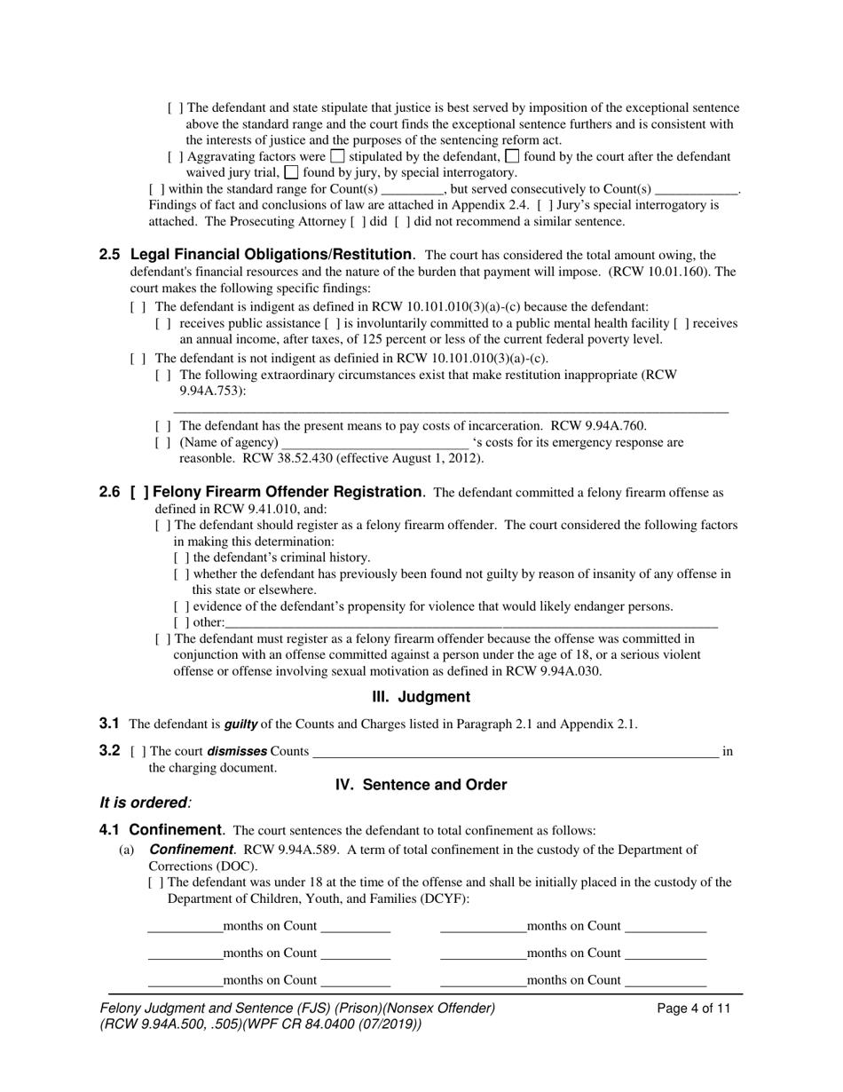 Form WPF CR84.0400 P Felony Judgment and Sentence - Prison - Washington, Page 4