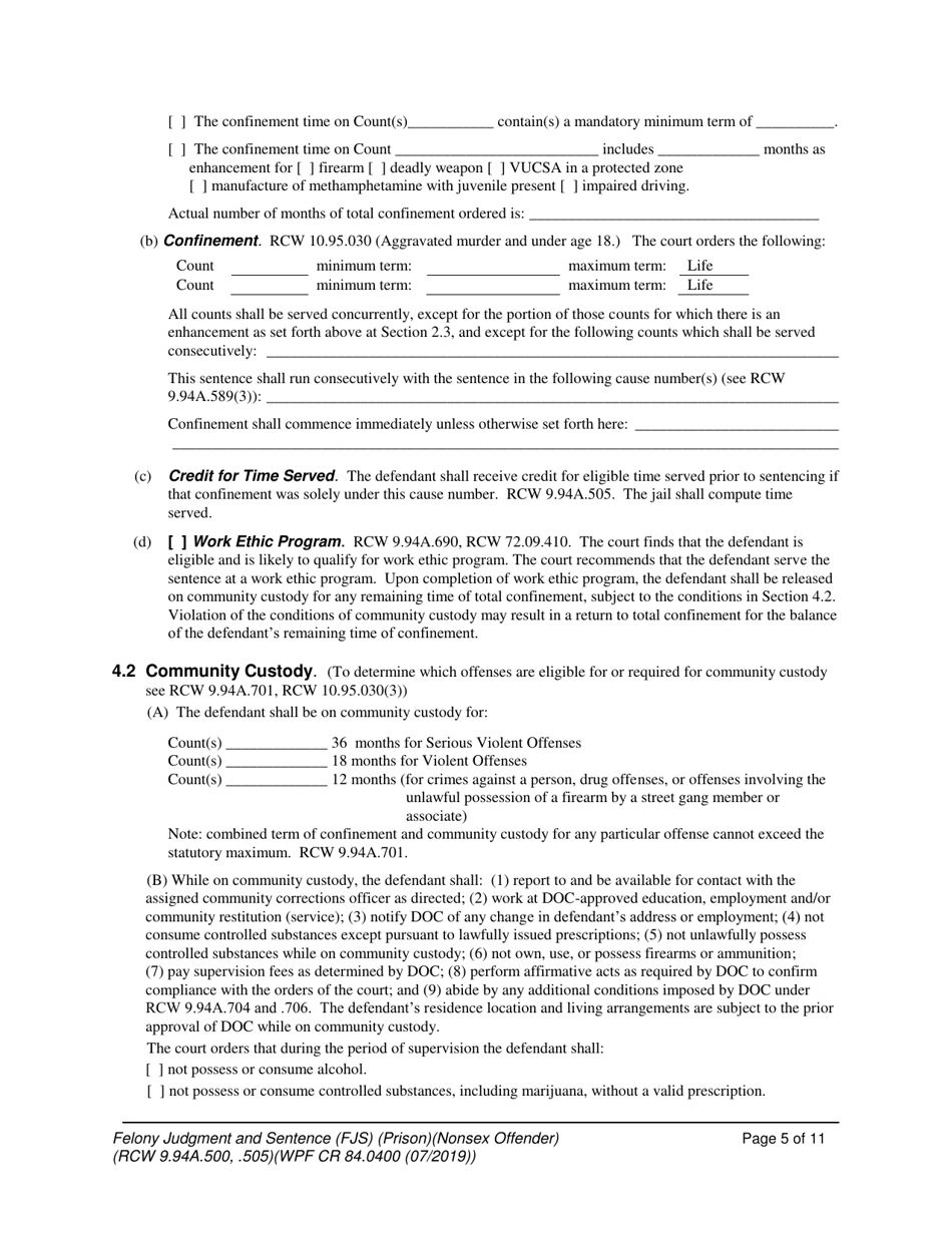 Form WPF CR84.0400 P Felony Judgment and Sentence - Prison - Washington, Page 5