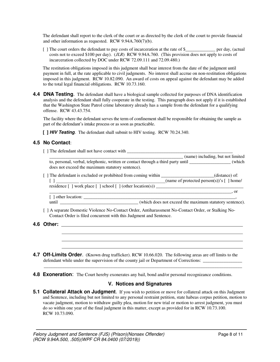 Form WPF CR84.0400 P Felony Judgment and Sentence - Prison - Washington, Page 8