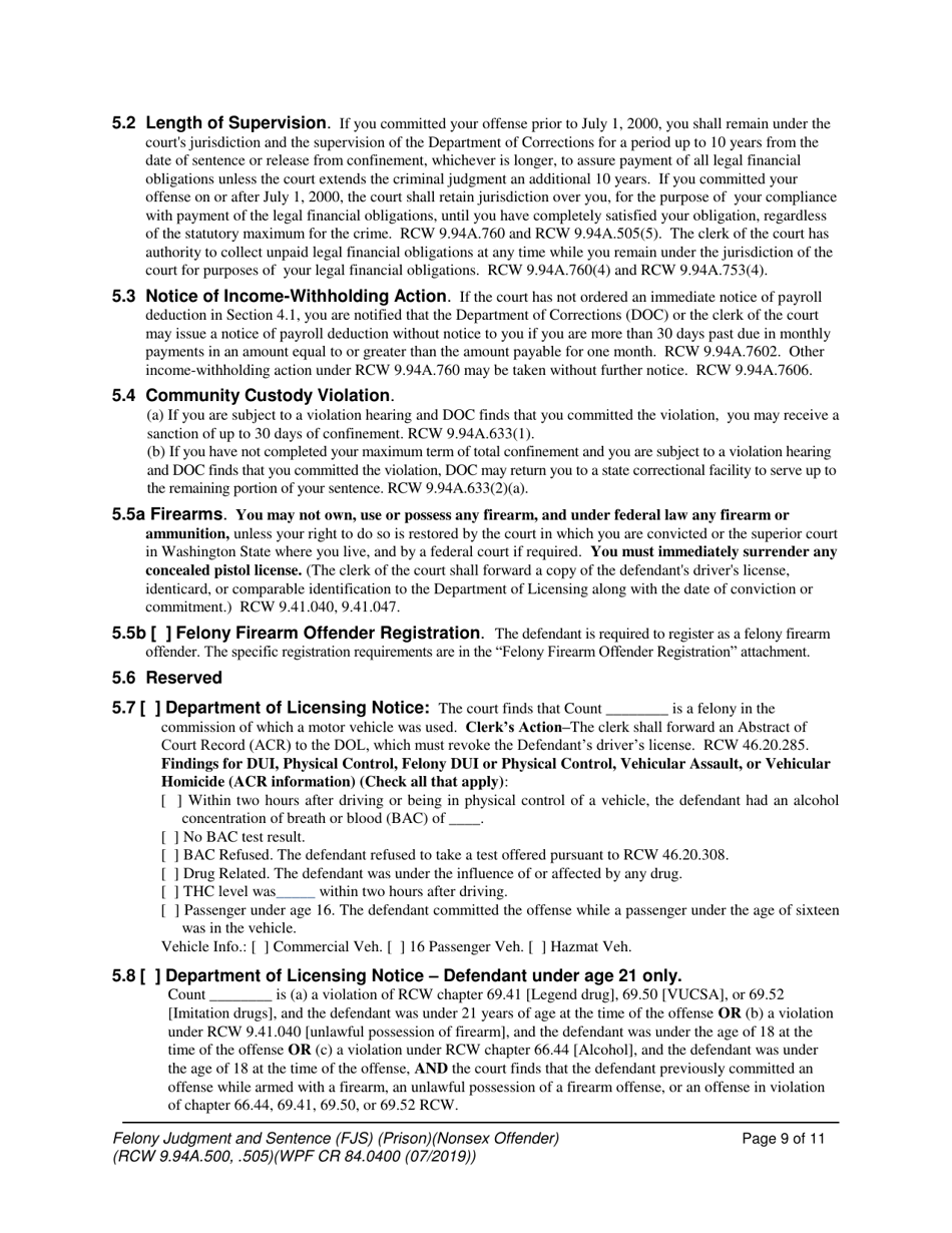 Form WPF CR84.0400 P Felony Judgment and Sentence - Prison - Washington, Page 9