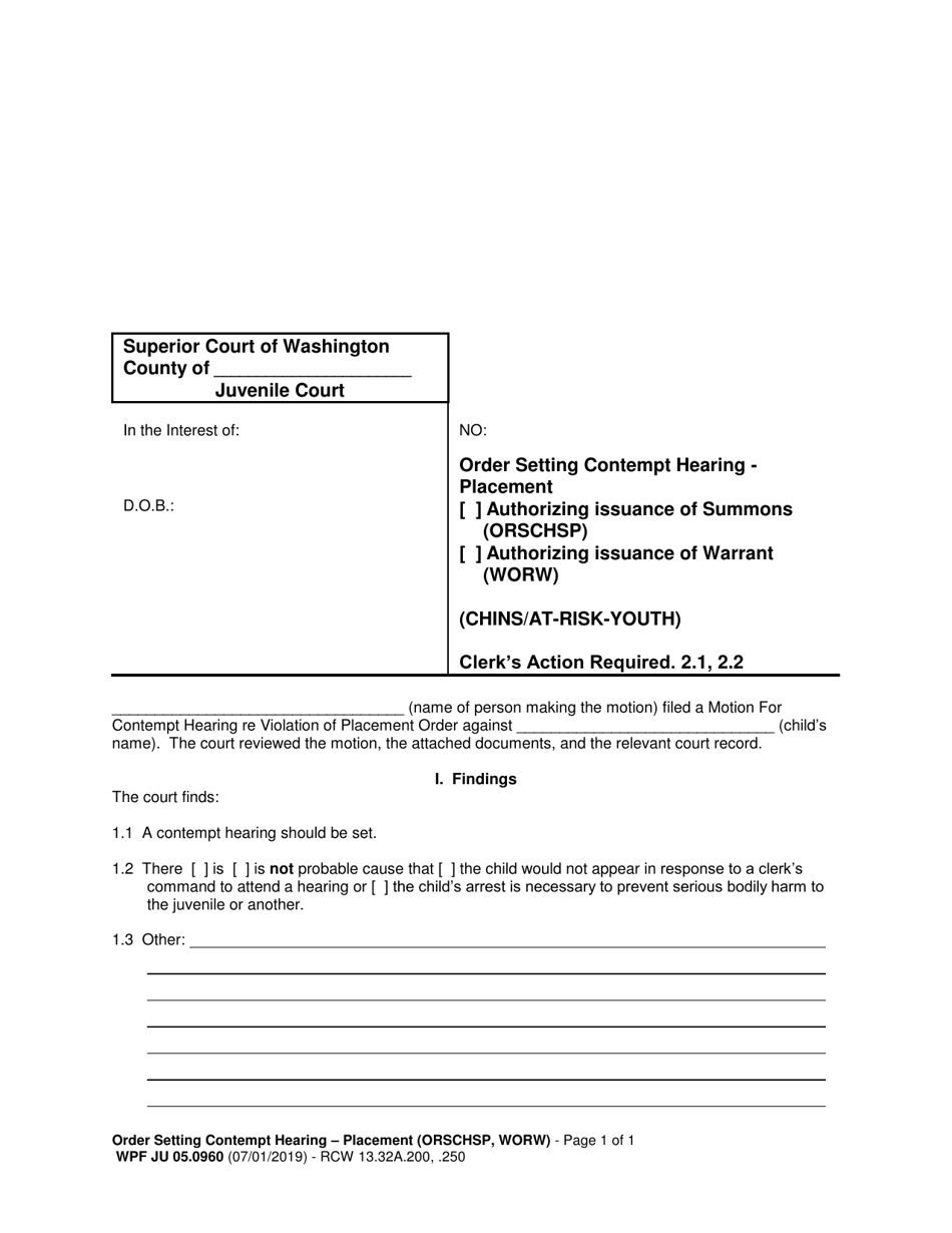 Form WPF JU05.0960 Order Setting Contempt Hearing  Placement - Washington, Page 1