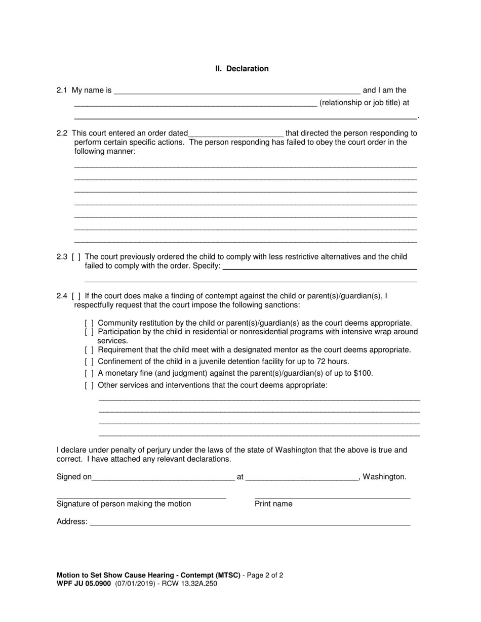 Form WPF JU05.0900 Motion to Set Show Cause Hearing - Contempt (Chins / At-Risk-Youth) (Mtsc) - Washington, Page 2