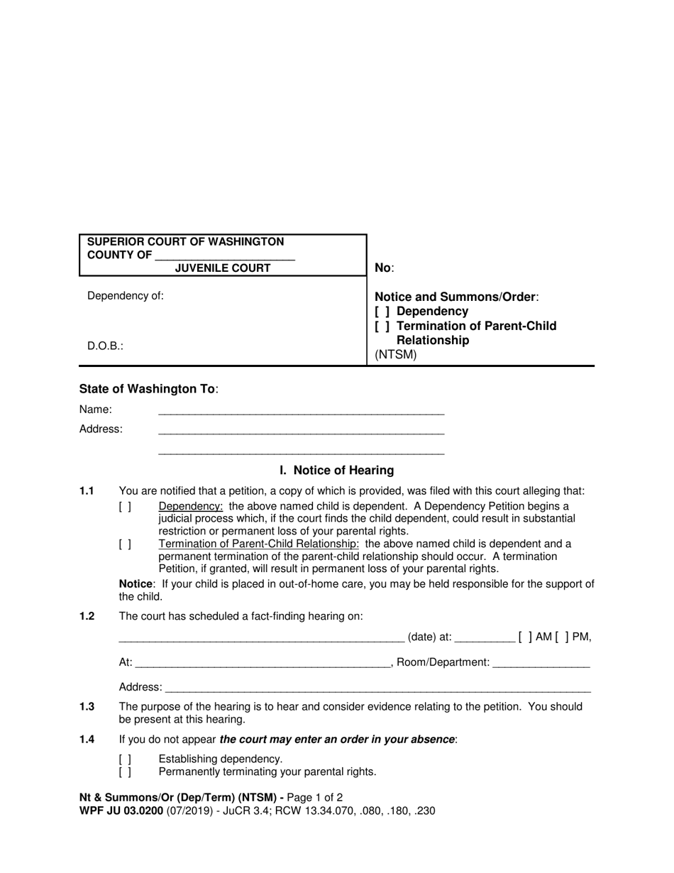 Form WPF JU03.0200 Notice and Summons / Order (Dependency / Termination of Parent-Child Relationship) (Ntsm) - Washington, Page 1