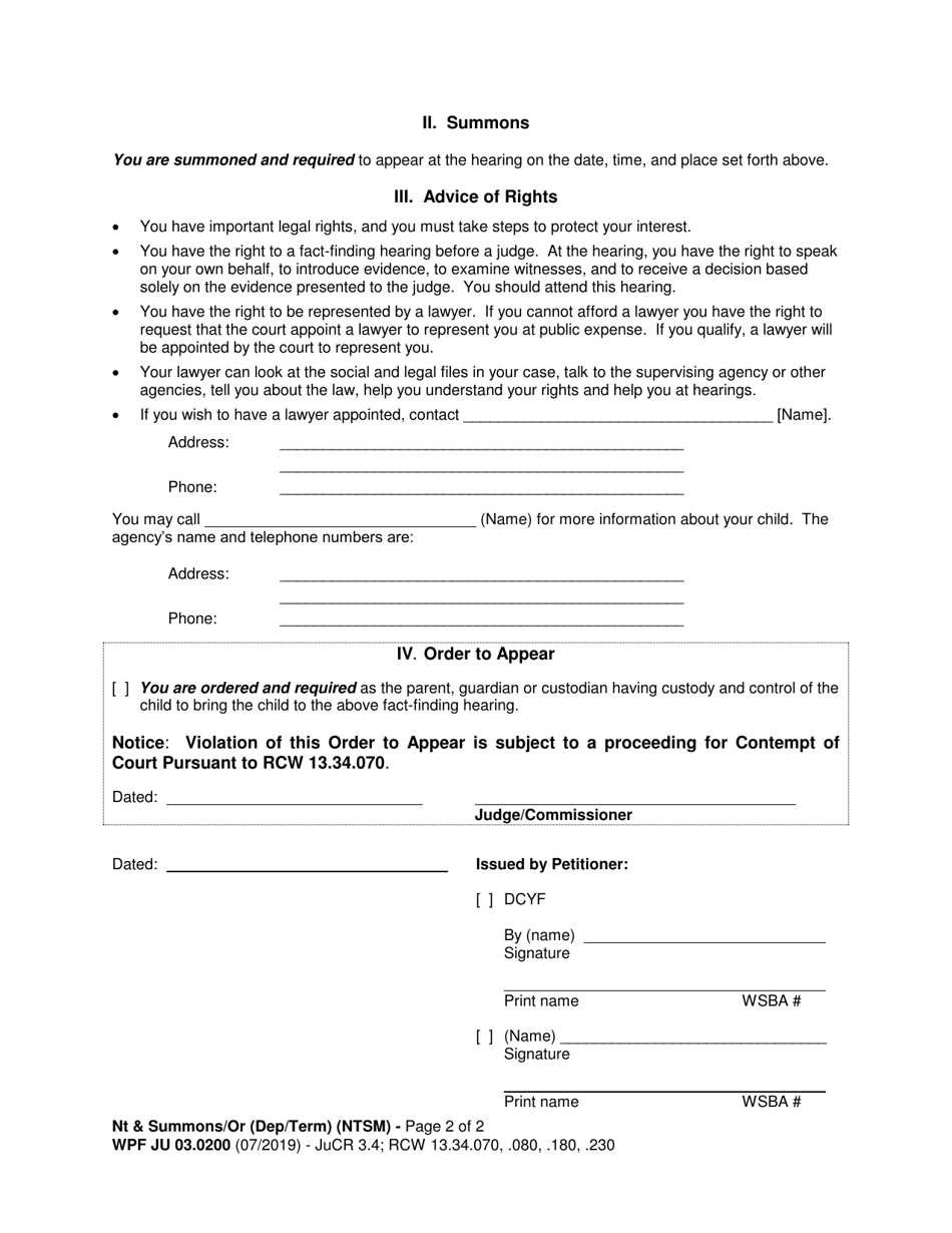 Form WPF JU03.0200 Notice and Summons / Order (Dependency / Termination of Parent-Child Relationship) (Ntsm) - Washington, Page 2