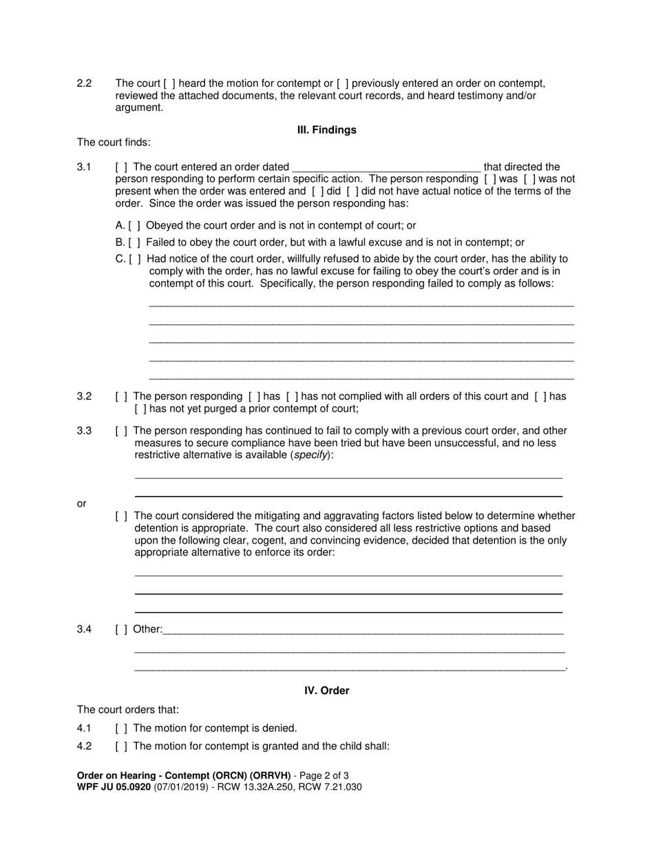 Form WPF JU05.0920 Order on Hearing Re Contempt (Orcn) / Review Hearing (Chins / At-Risk-Youth) - Washington, Page 2