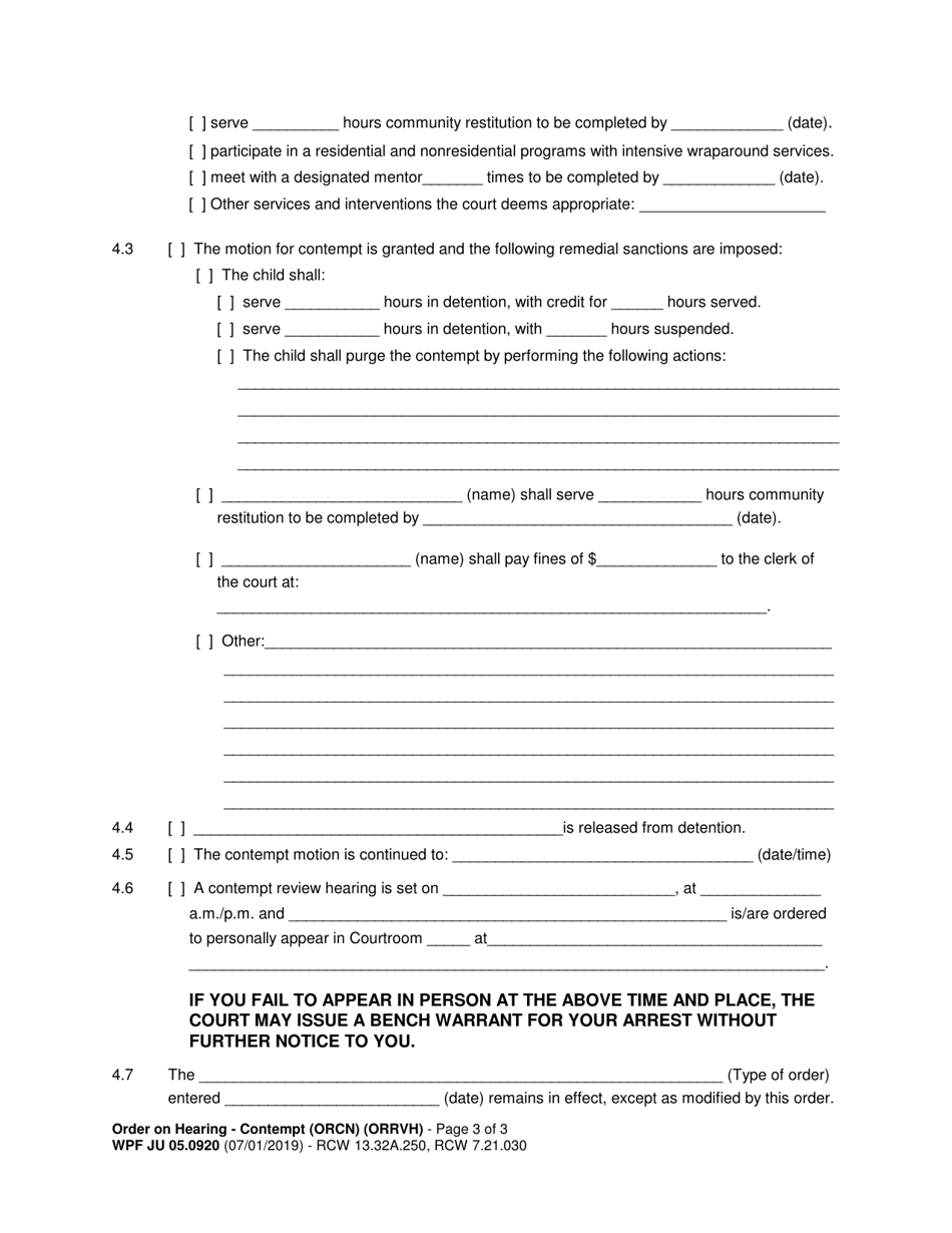Form WPF JU05.0920 Order on Hearing Re Contempt (Orcn) / Review Hearing (Chins / At-Risk-Youth) - Washington, Page 3