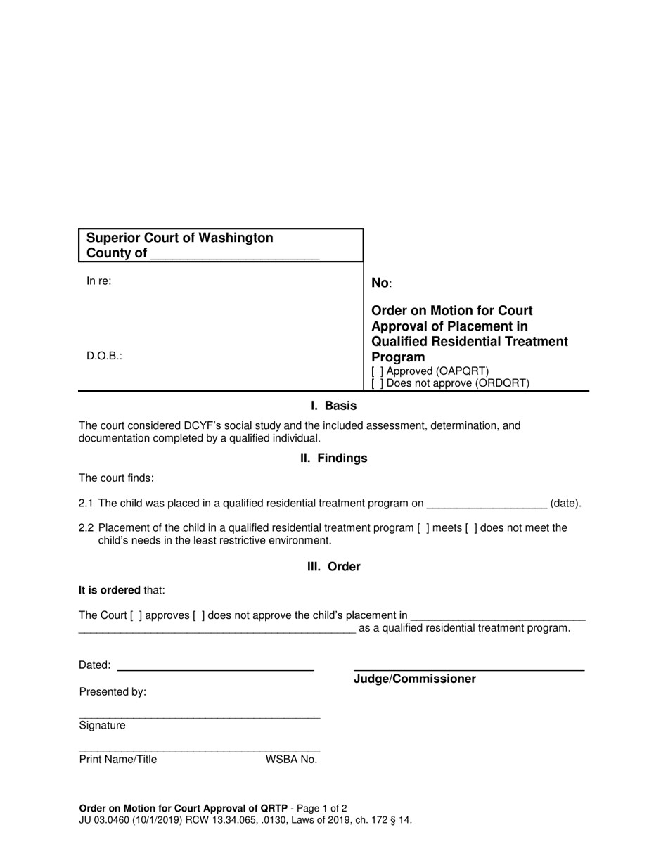 Form JU03.0460 Order on Motion for Court Approval of Placement in Qualified Residential Treatment Program - Washington, Page 1