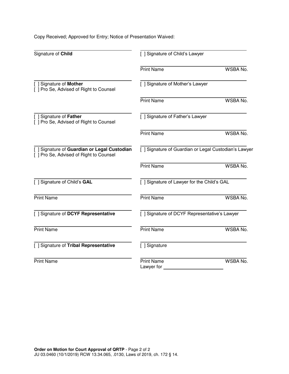 Form JU03.0460 Order on Motion for Court Approval of Placement in Qualified Residential Treatment Program - Washington, Page 2