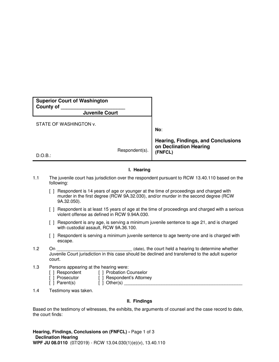 Form WPF JU08.0110 Hearing, Findings, and Conclusions on Declination Hearing (Fnfcl) - Washington, Page 1