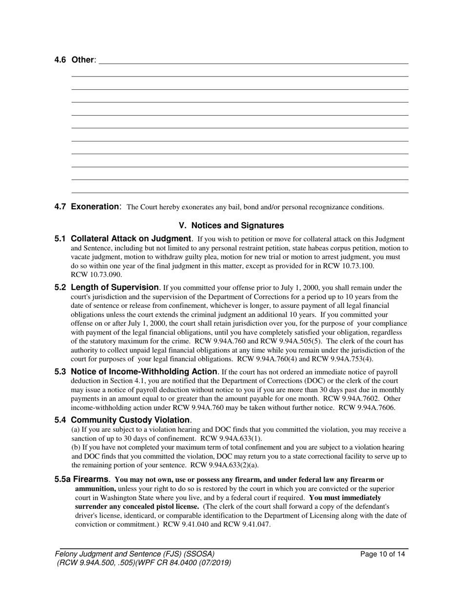 Form WPF CR84.0400 SOSA Felony Judgment and Sentence - Special Sex Offender Sentencing Alternative - Washington, Page 10