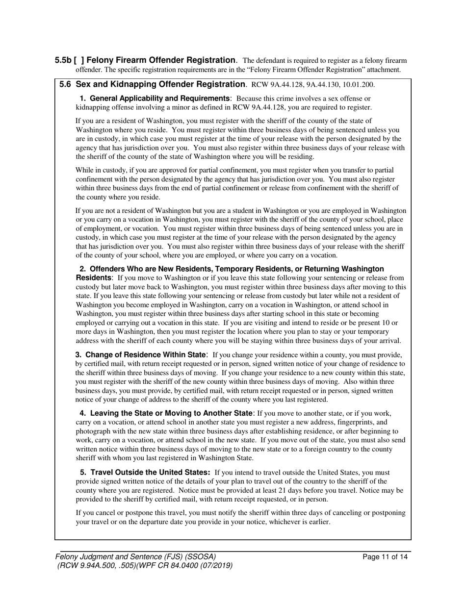 Form WPF CR84.0400 SOSA Felony Judgment and Sentence - Special Sex Offender Sentencing Alternative - Washington, Page 11
