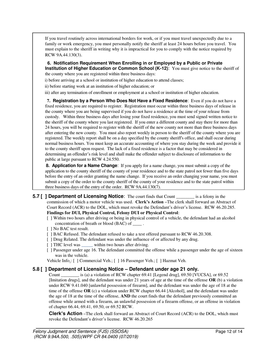 Form WPF CR84.0400 SOSA Felony Judgment and Sentence - Special Sex Offender Sentencing Alternative - Washington, Page 12