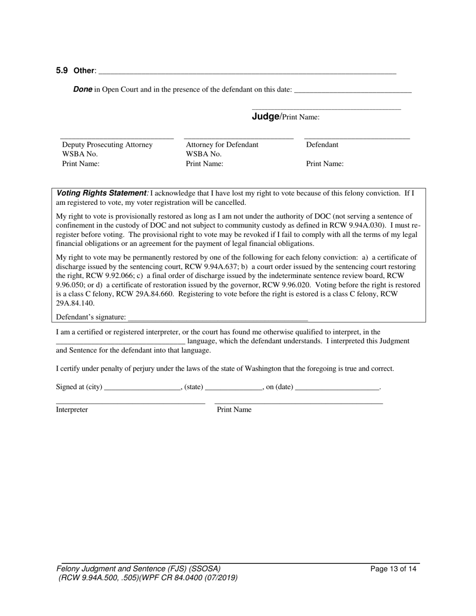 Form WPF CR84.0400 SOSA Felony Judgment and Sentence - Special Sex Offender Sentencing Alternative - Washington, Page 13