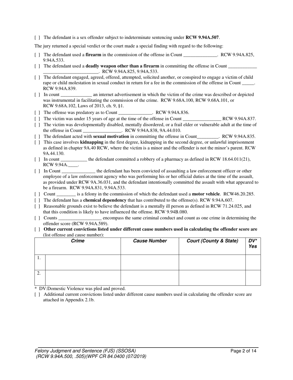 Form WPF CR84.0400 SOSA Felony Judgment and Sentence - Special Sex Offender Sentencing Alternative - Washington, Page 2
